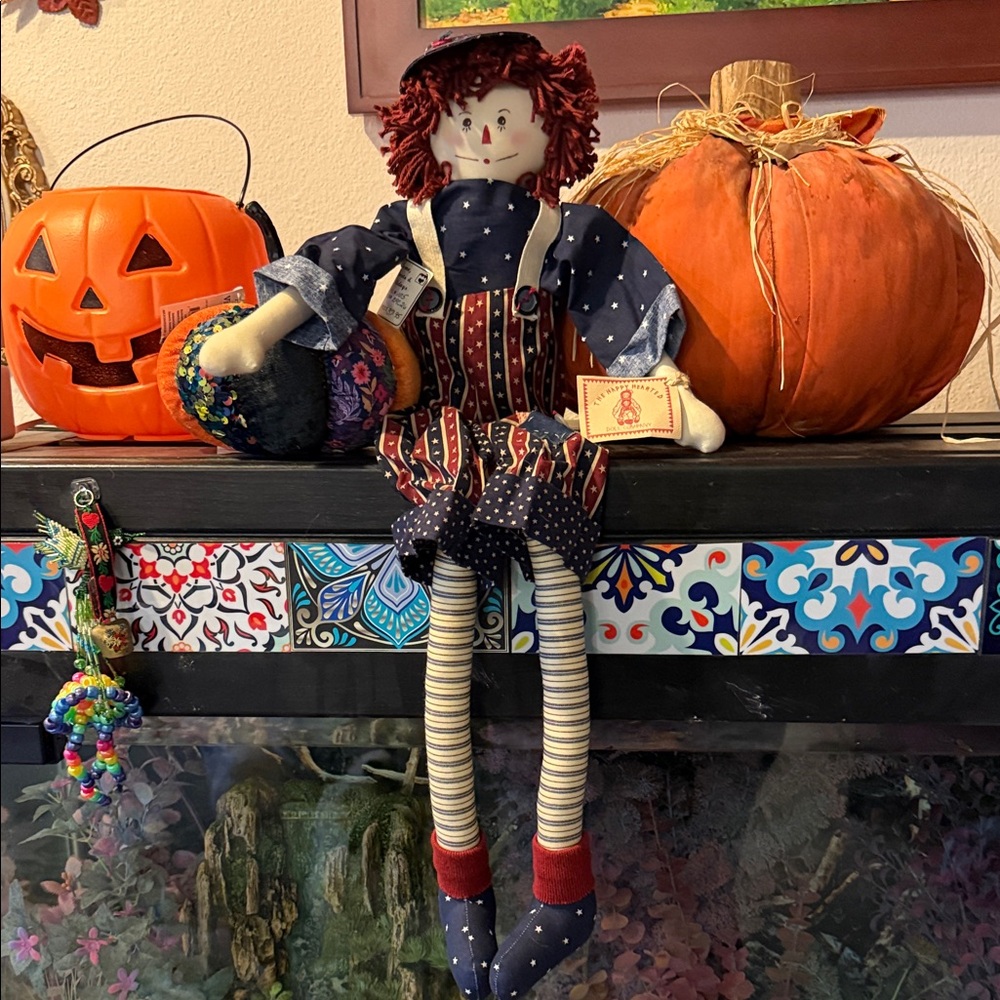 Handmade boy Raggedy Andy Rag Doll with Striped Legs and Overalls primitive